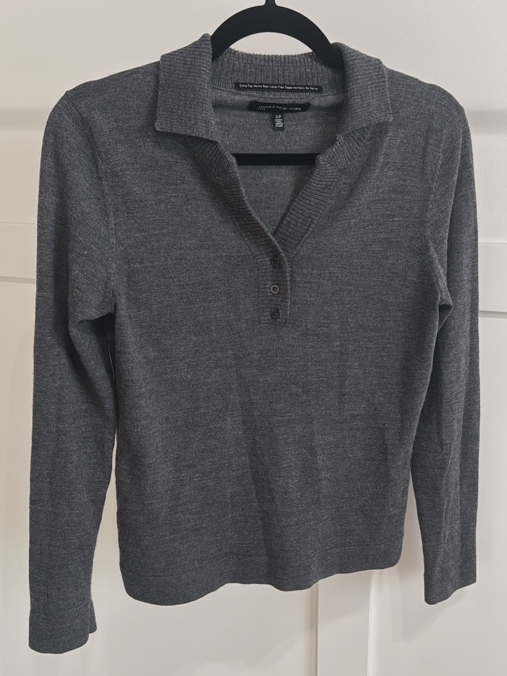 Jones New York Charcoal Gray Polo-Style Knit Long Sleeve Top